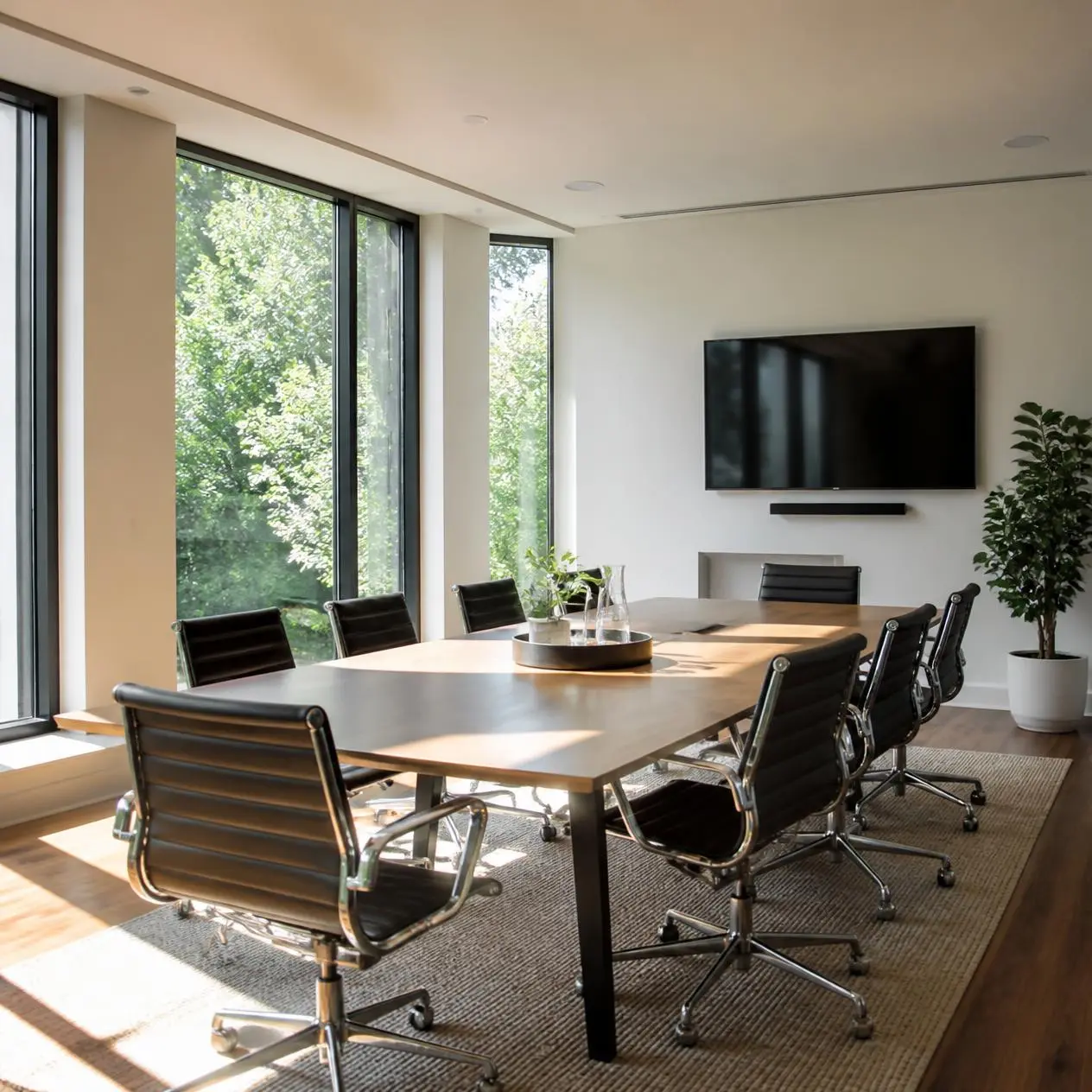 Salle de réunion contemporaine, lumineuse et soigneusement entretenue